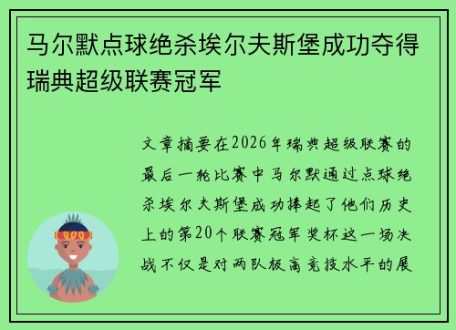 马尔默点球绝杀埃尔夫斯堡成功夺得瑞典超级联赛冠军 马尔默点球绝杀埃尔夫斯堡成功夺得瑞典超级联赛冠军